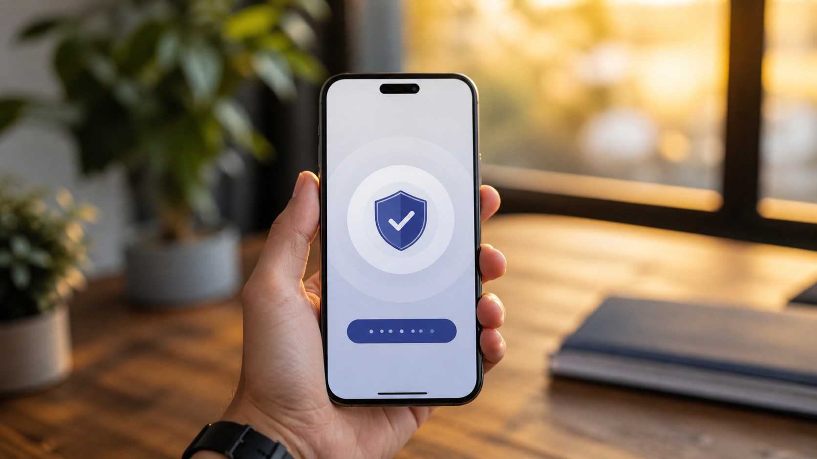 Phone showing a verification screen with a shield icon