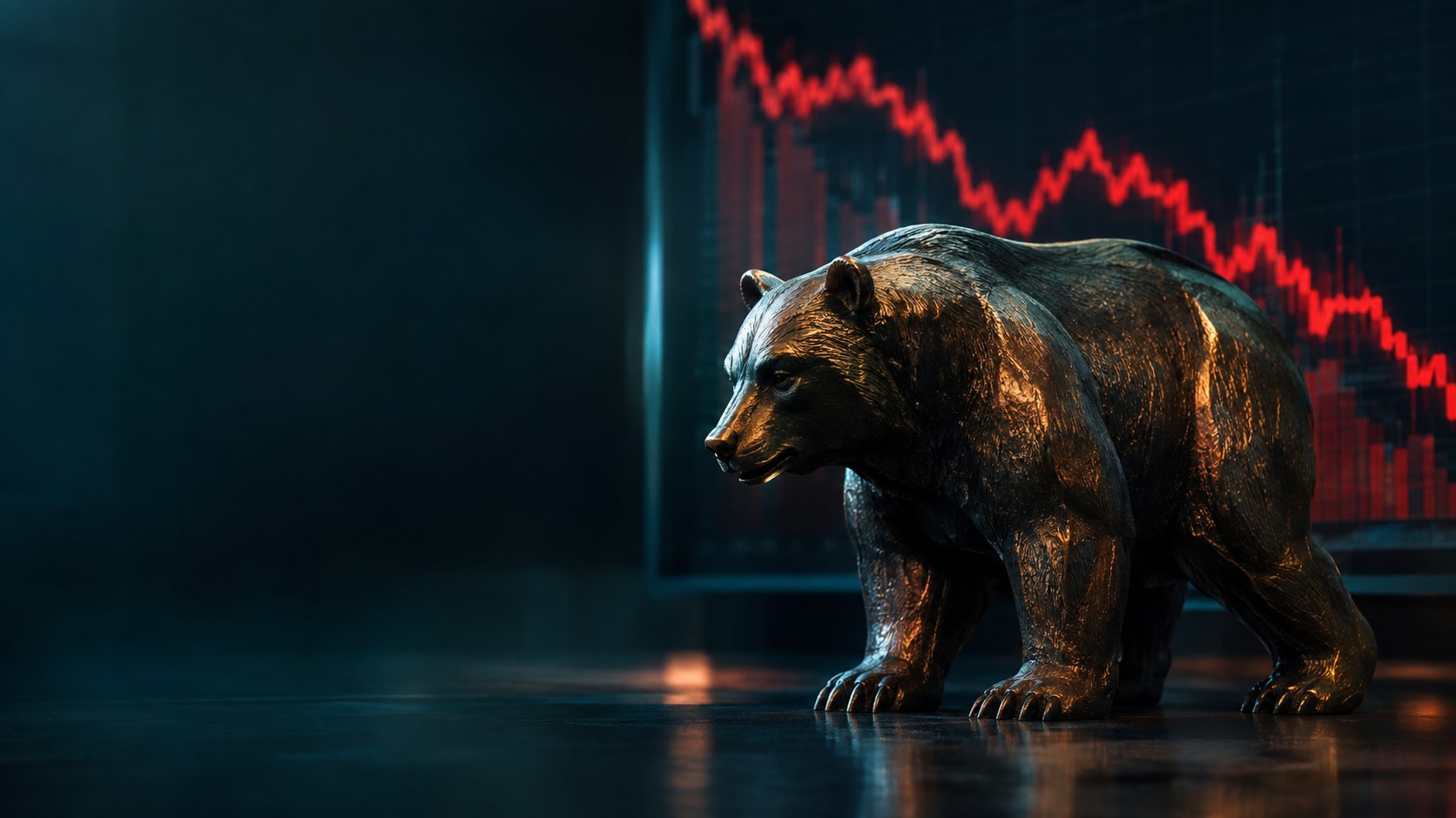 Bronze bear statue with a descending red chart behind it