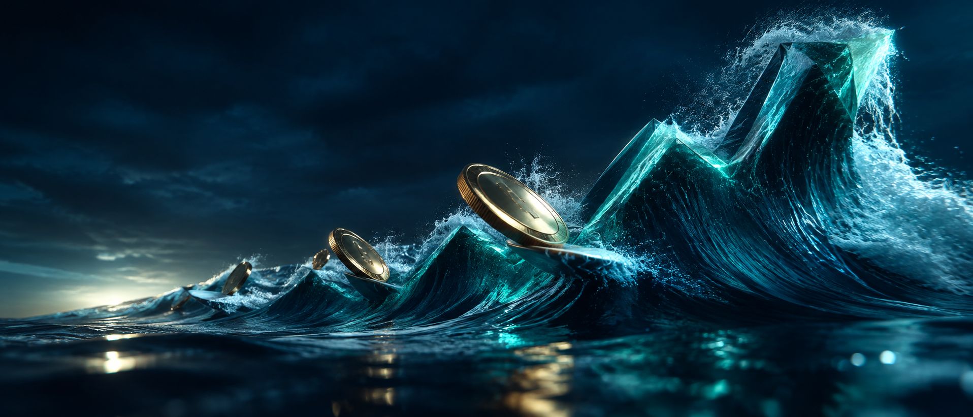 Coins surfing on a huge wave shaped like a price chart