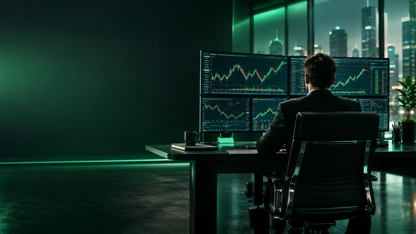 Professional forex trader at a multi monitor desk viewing currency charts seen from behind