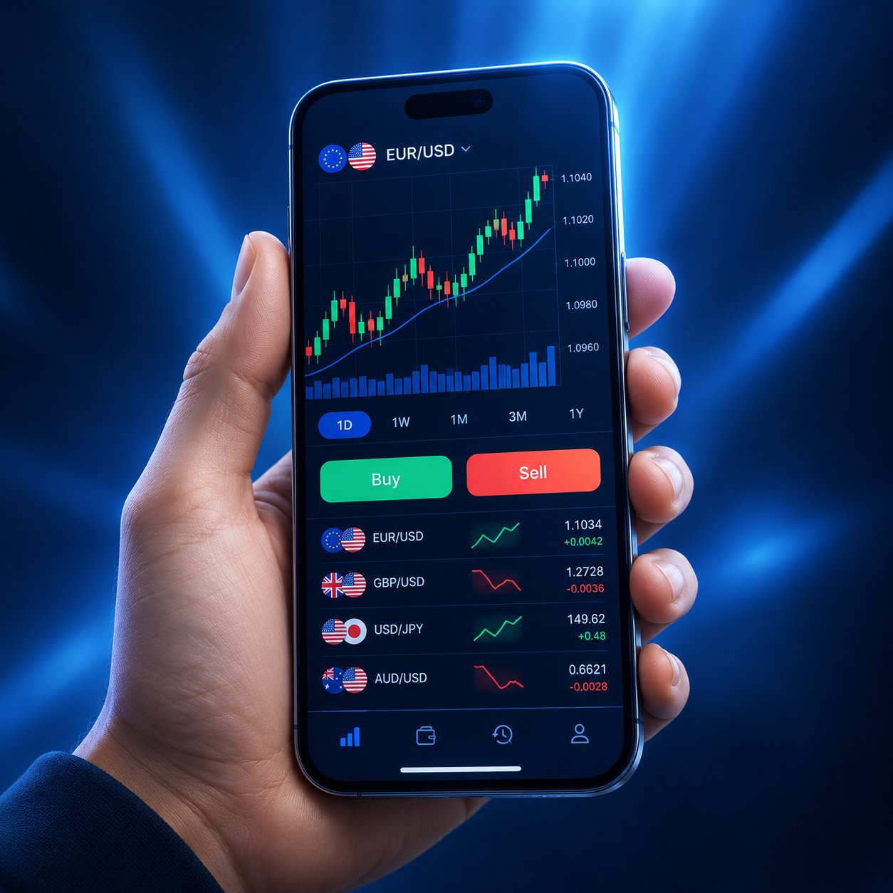Smartphone showing a clean forex trading interface held in hand